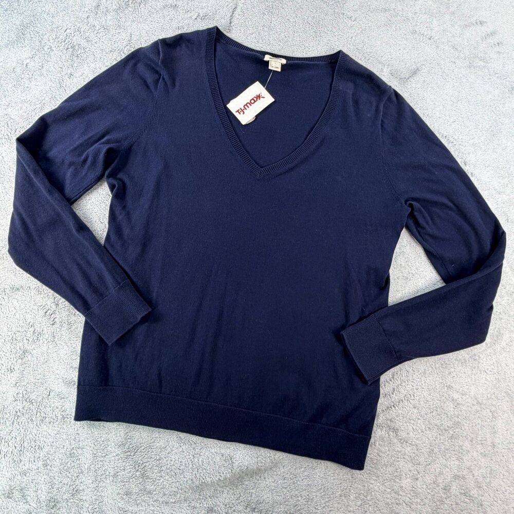 J.Crew Women Large Navy Blue V Neck Cotton Sweater Long Sleeve NWT